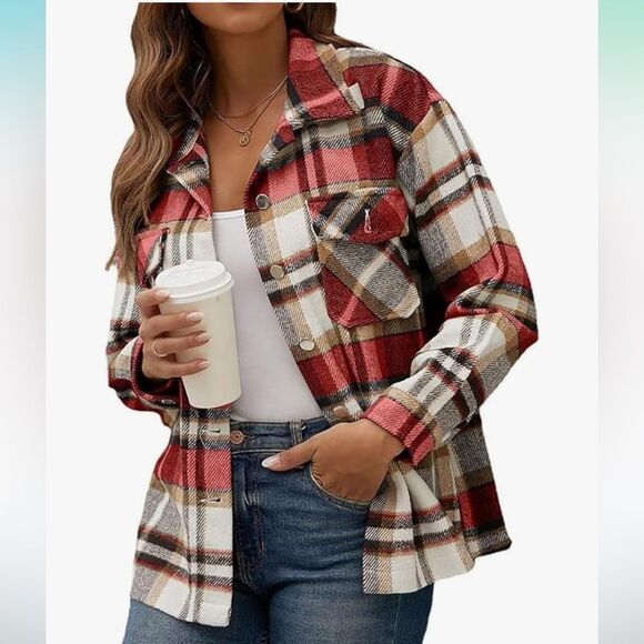 S Deer concept Womens Casual Flannel Plaid Shirts Shacket Jacket Small NWT - Picture 6 of 6